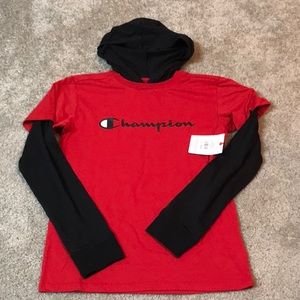 NWT Boys Champion long sleeve red and black t shirt w hoodie -  XLarge